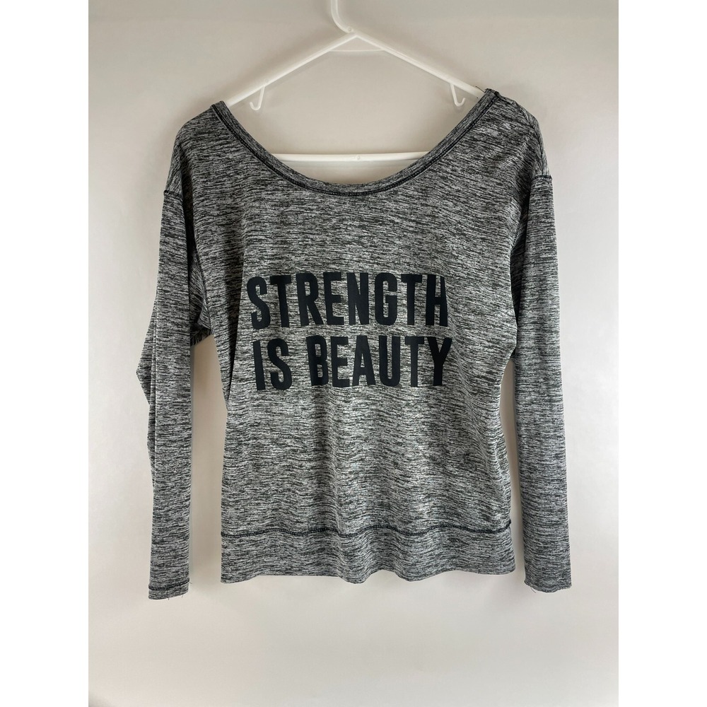 Polly & Esther Shirt Women's Size S Gray Activewear Boatneck Strength is Beauty
